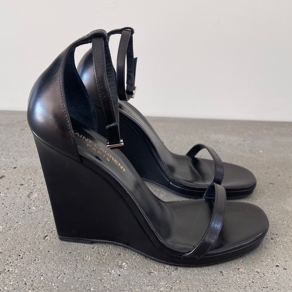 SAINT LAURENT Leather Wedge Sandals in Black - Picture 2 of 6